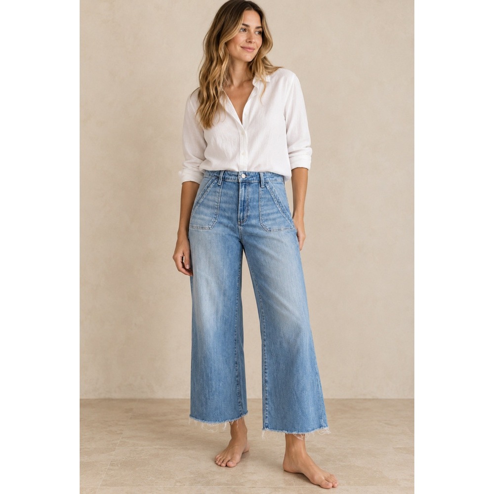 Paige Anessa Wide Leg Jeans Reiley Wash Blue Patch Pocket Raw Hem 32